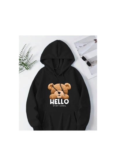Herkesemoda Hello Stay Scool Baskı Detaylı Kapüşonlu Sweatshırt Siyah Siyah