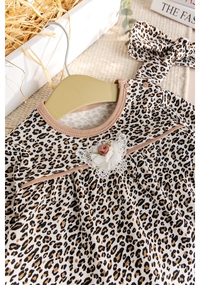 Babymod Leopar Desenli Bandanalı 3'lü Kız Bebek Takım Kahverengi