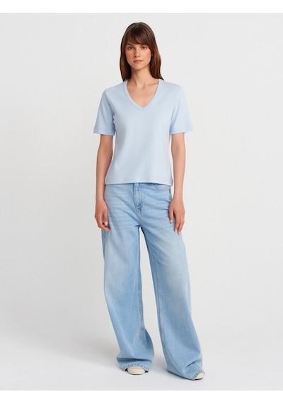 Dilvin 31840 V Yaka Kısa Kollu T-shirt-açık Mavi Açık Mavi
