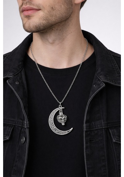 Karanlıkta Parlayan Hilal Kafatası Vintage Gümüş Renk Unisex Kolye Çok renkli
