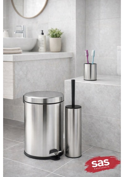 Sas Haus Krom 3 Lü Set 3 Lt Çöp Kovası Wc Fırçası Ve Diş Fırçalık Titan