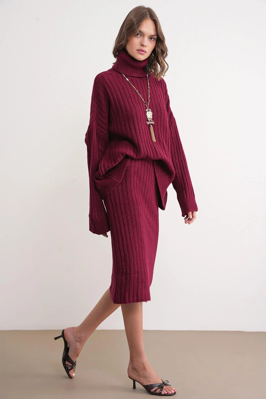 Mixray 6929 Kadın Fitilli Triko Etek Bordo Bordo