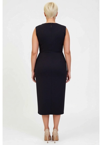 Benerly Kadın V Yaka Kolsuz Bodycon Kalıp Midi Boy Dokuma Elbise Kemerli Siyah