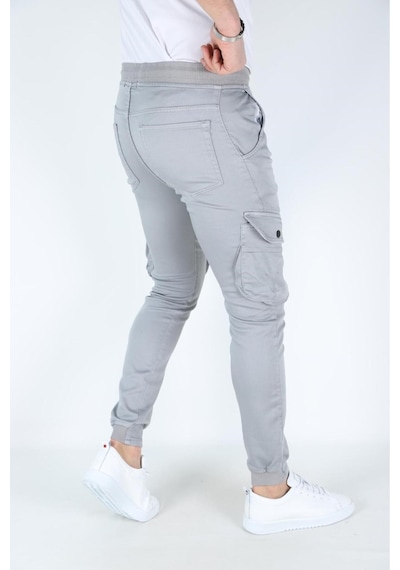 Myrab Denim Erkek Kargo Cepli Paça Bel Lastikli Likralı Kargo Cep Pantolon Gümüş