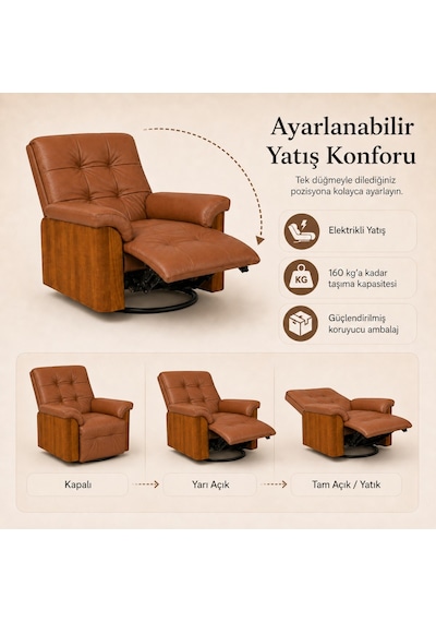 Smarto Relax Berlin Elektrikli Döner Sallanan Tv Koltuğu Kontrol Panelli Ergonomik Kırmızı Deri Baba Koltuğu Kahverengi