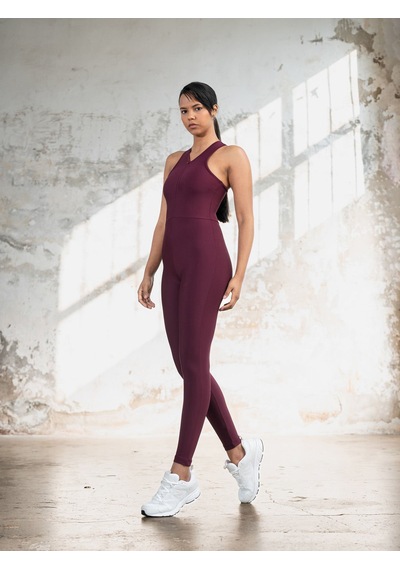 Lismina Sunset Halter Yaka Yakası Fermuarlı Spor Tayt Tulum Mürdüm