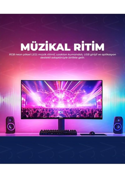 Usb Neon Rgb Piksel Şerit Led - Animasyonlu - Sese Duyarlı - 5 Metre Aplikasyon - Kumandalı