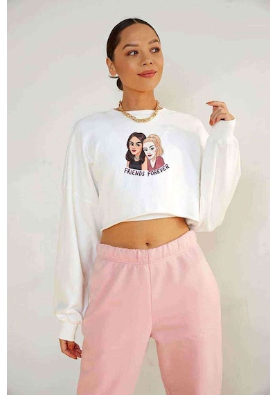 Riverdale Friends Forever Baskılı Crop Kadın Beyaz Sweatshirt