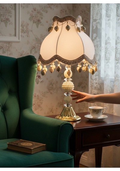 Beyaz Kadife Kaplı Klasik Model Gold Metal Ayak Abajur Vintage