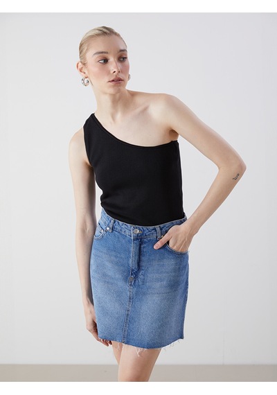 Lcw Vision Siyah Tek Omuz Crop Kadın Triko Atlet
