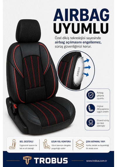 Mg Hs 2018+ Uyumlu Ankaflex Bel Destekli Keten Deri Siyah Kırmızı Koltuk Kılıfı