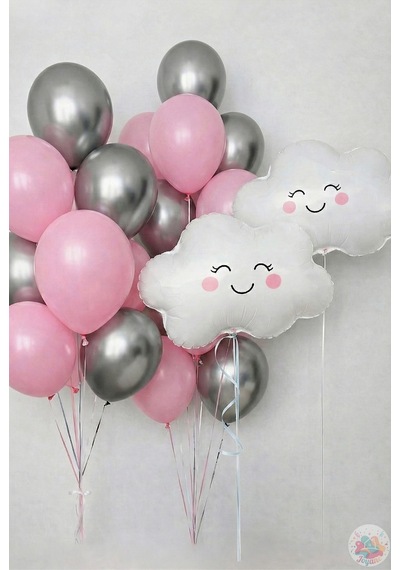 Metalik Pembe Gümüş Balon Seti 22 Parça 11 Lateks Balon & 40 Cm Folyo Bulut Çok Renkli