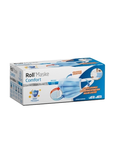 Roll Maske Comfort 3 Katlı Lastikli Cerrahi Maske 50 Adet