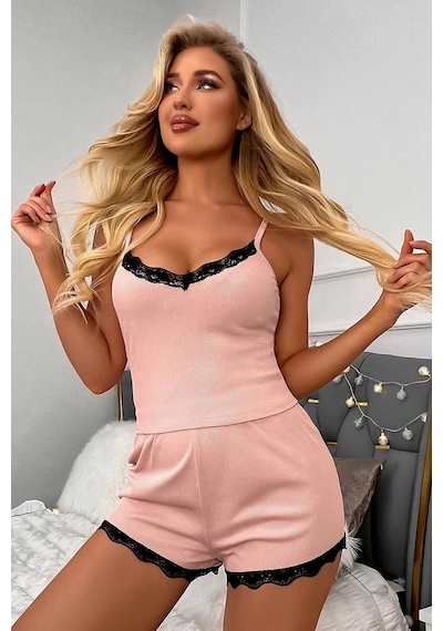 Ang Butik Kadın Pembe Alt Ve Üst Dantel Detaylı Şortlu Gecelik Takımı