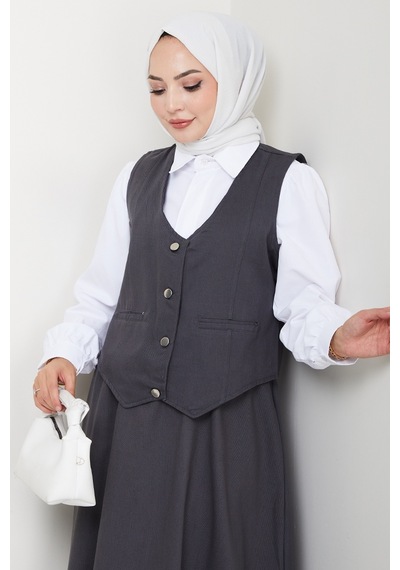 Bestenur İkili Gabardin Yelek Etek Takım 1400 - Antrasit Antrasit