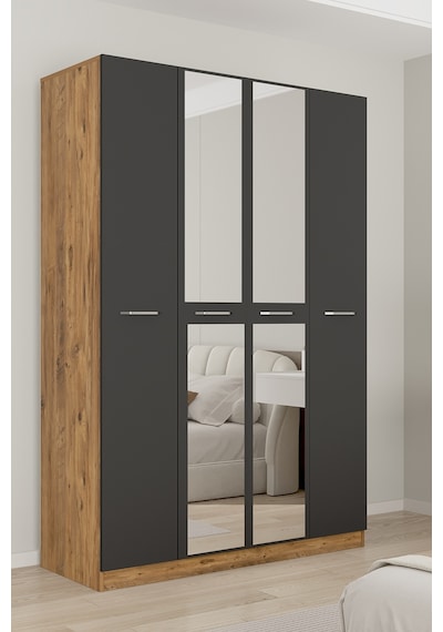 Aeka Ae-3191 Burç Aynalı 4 Kapaklı Çok Bölmeli Askılı Raflı Ve Çekmeceli 210x140x53cm Gardırop Çam - Antrasit