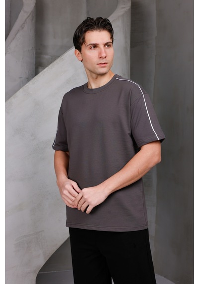 Erkek Şeritli Oversize Bisiklet Yaka 2 İki İplik Kompakt T-shirt Kahverengi