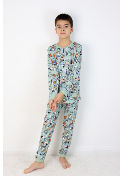 Harika Kids Erkek Çocuk Baskılı İnterlok Kumaş Uzun Kollu Pijama Takımı Yeşil