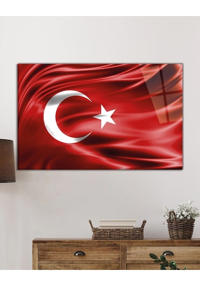 Kırmızı Dalgalı Türk Bayrağı Cam Tablo, Ev Ve Ofis Duvar Dekoru, Hediyelik Büyük Temperli Cam Tablo