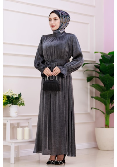 Kolu Volanlı Simli Alya Abiye-antrasit-4874