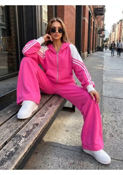 Suma Fermuarlı Kapüşonlu Çizgili Kadın Eşofman Takımı Geniş Paça İkili Pembe