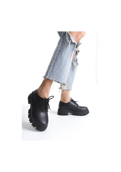 Akınabella Kalın Tabanlı Bağcıklı Loafer Ayakkabı Siyah Siyah