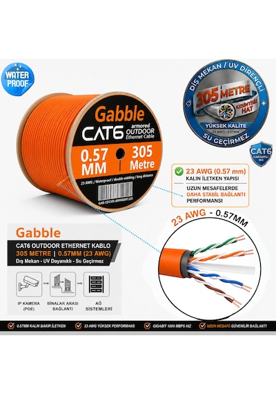 Gabble Turuncu Cat6 Dış Ortam Zırhlı Utp Ethernet Kablosu 305 Metre 23 Awg 0.57mm Network