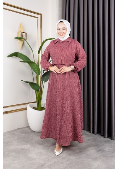 Hira Life Fashion Kadın Bordo Tesettür Giyim Gömlek Detaylı Çizgili Viskon Kıraş Elbise İkili Takım Bordo Bordo Hira Life Fashion Kadın Bordo Tesettür Giyim Gömlek Detaylı Çizgili Viskon Kıraş Elbise İkili Takım Bordo Bordo