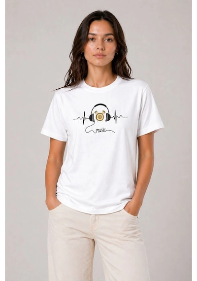 Wear Vexel Kadın Müzik Temalı Baskılı Tişört Bisiklet Yaka Kısa Kol T-shirt - Beyaz Beyaz