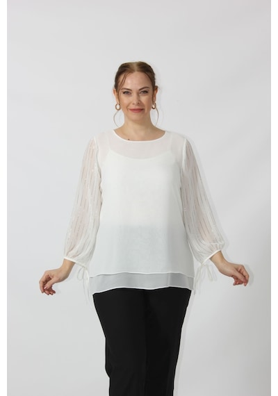 Moda Berray 3243 Kolu Taş Baskılı Şık Bluz Beyaz