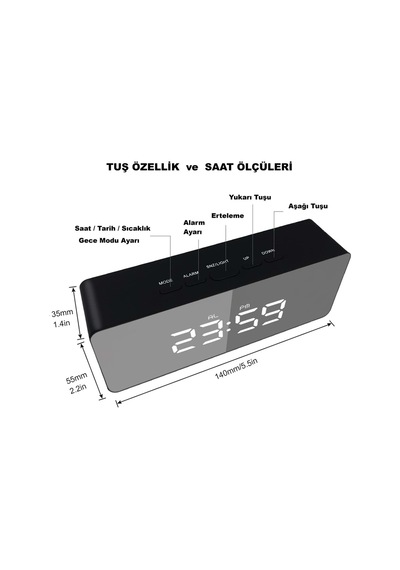 Akıllı Aynalı Dijital Saat Led Göstergeli, Alarm & Termometre, Usb/pil