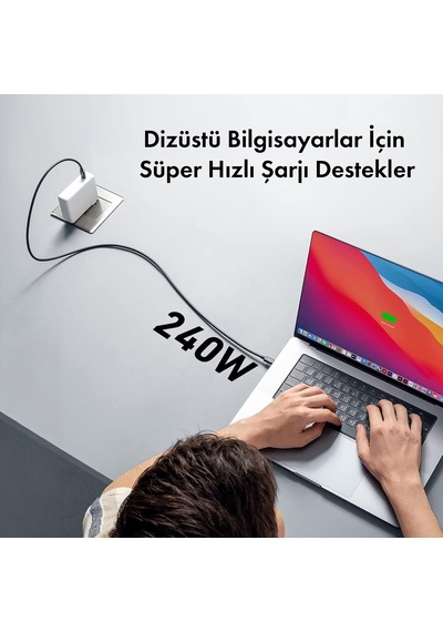Microcase 240w Dijital Göstergeli L Tipi Type-c To Type -c 100 Cm Örgülü Kablo Hızlı Şarj Ve Data Kablosu -al5817 Siyah