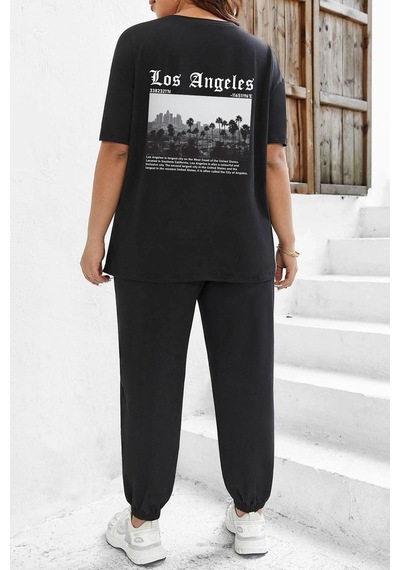Uyguntarz Unisex Los Angles Baskılı 2'li Eşofman Takımı Siyah