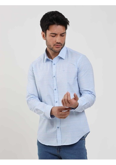 Dufy Mavi Erkek Slim Fit Kareli Brent Yaka Uzun Kol Gömlek - 102384-mavi Mavi