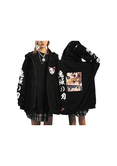 Tarzsokak Unisex Hoodie Fermuarlı Anime Demon Cleaver Slayer Mod.475 14673 Siyah