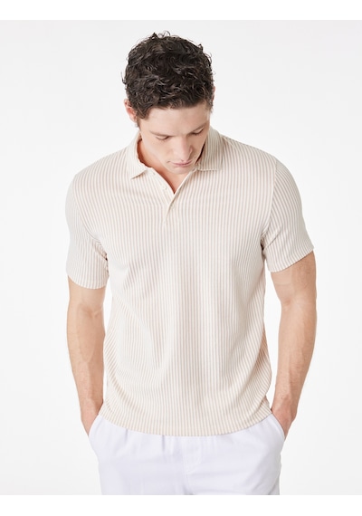 Koton Regular Fit Kısa Kollu Düğmeli Polo Yaka Tişört Bej Çizgili 6sam10072mk Ekru