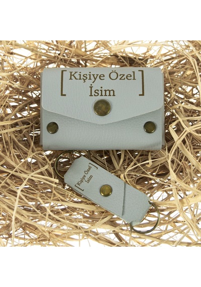 Miaju Gri Renk İsme Özel Deri Cüzdan Ve Anahtarlık Takım, Yüksek Kalite Aksesuar Gri