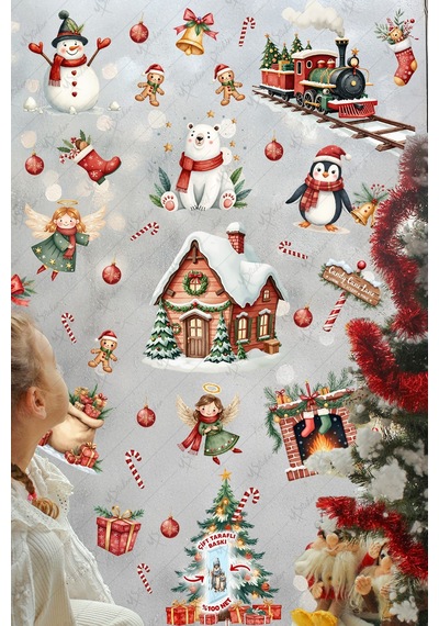 Christmas Yılbaşı Cam Sticker Seti 60+ Parça Çift Taraflı Baskı, Suya Dayanıklı, Kar Tanesi & Noel Dekoru Dijital Baskı