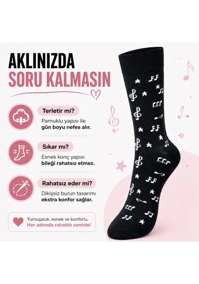 DS Wak Müzik Notalı Kadın Soket Çorap 36-40 Pamuklu Dikişsiz Burun Siyah Beyaz Uzun Konç