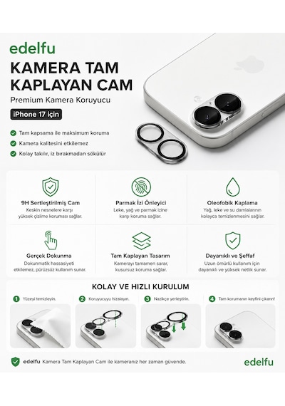 Apple Uyumlu iPhone 17 - 9h Temperli Cam Lens Koruma Komple Kamera Koruması Tek Parça - -