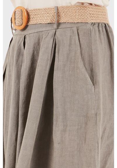 Via Dante Relaxed Fit Yüksek Bel Bol Paça Keten Pantolon Bayan Pantolon 7544 Toprak