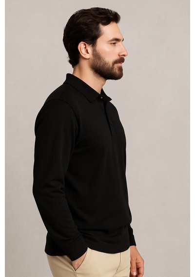 We&me Erkek Polo Yaka Modal Kumaş Yumuşak Dokulu Sweatshirt Siyah