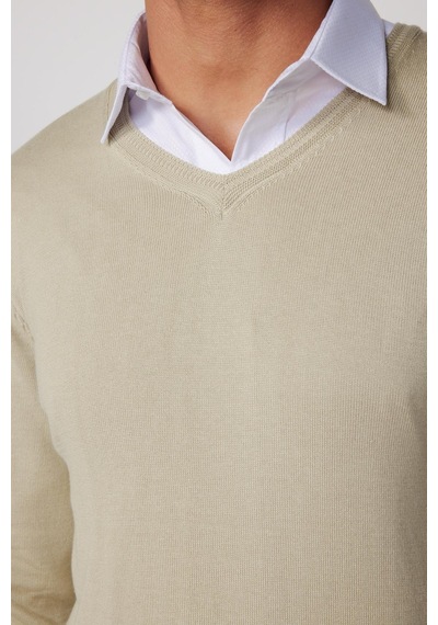 Tudors Slim Fit V Yaka Pamuklu Taş Rengi Erkek Kazak-25877-taş Taş