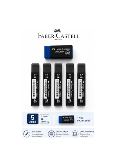 0,7 Uç 5 Adet Orta Boy Sınav Silgisi 1 Adet Faber-castell Set