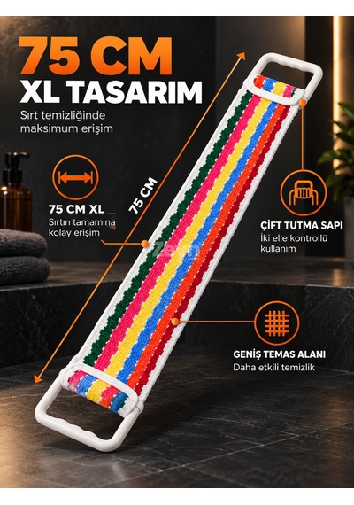Renkli Xl Sırt Banyo Kesesi 75 Cm Çift Tutma Saplı Uzun Sırt Kesesi