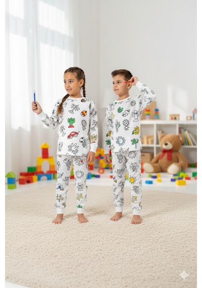 Bebelove Boyanabilir Çocuk Pijaması Eğitici, Eğlenceli, Pamuklu Pijama Takımı Beyaz