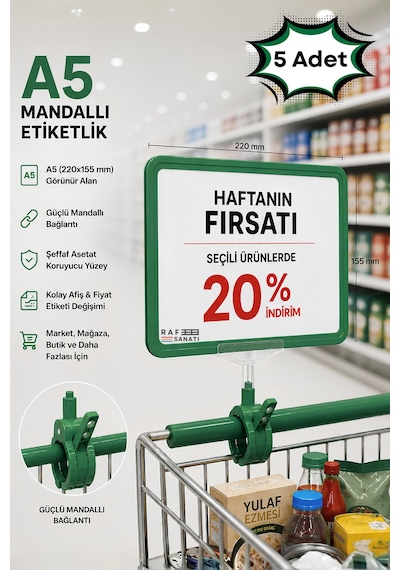 5 Adet - A5 Mandallı Etiketlik Fiyatlık Sepet Raf Askılık Fiyat Etiketi Çerçeveli Market Mağaza Yeşil