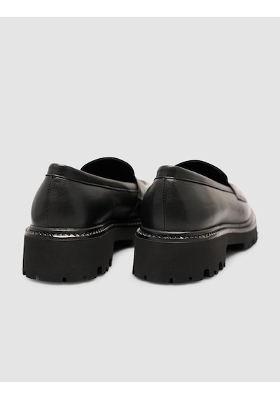 %100 Hakiki Deri Siyah Kalın Taban Kadın Loafer Ayakkabı Siyah