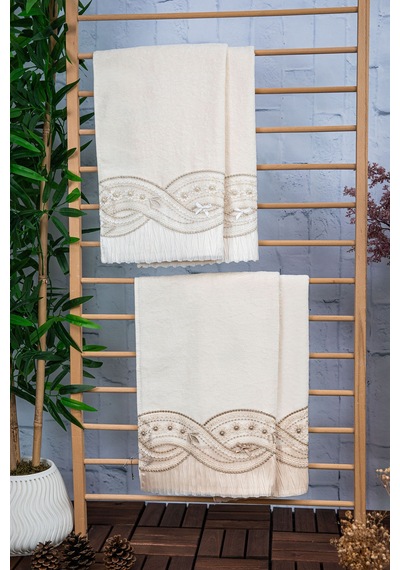 %100 Pamuk Fiyonk Güpürlü Çeyizlik 4'lü Havlu 50x90 - Krem - Vizo Krem - Vizon