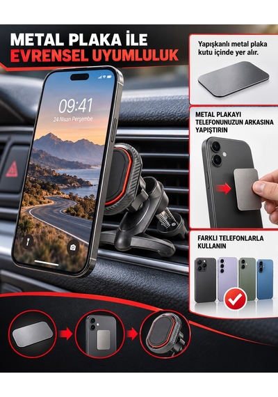 Dexxony A23 Mıknatıslı Klipsli Havalandırma Araç İçi Telefon Tutucu 360 Metal Plakalı Siyah